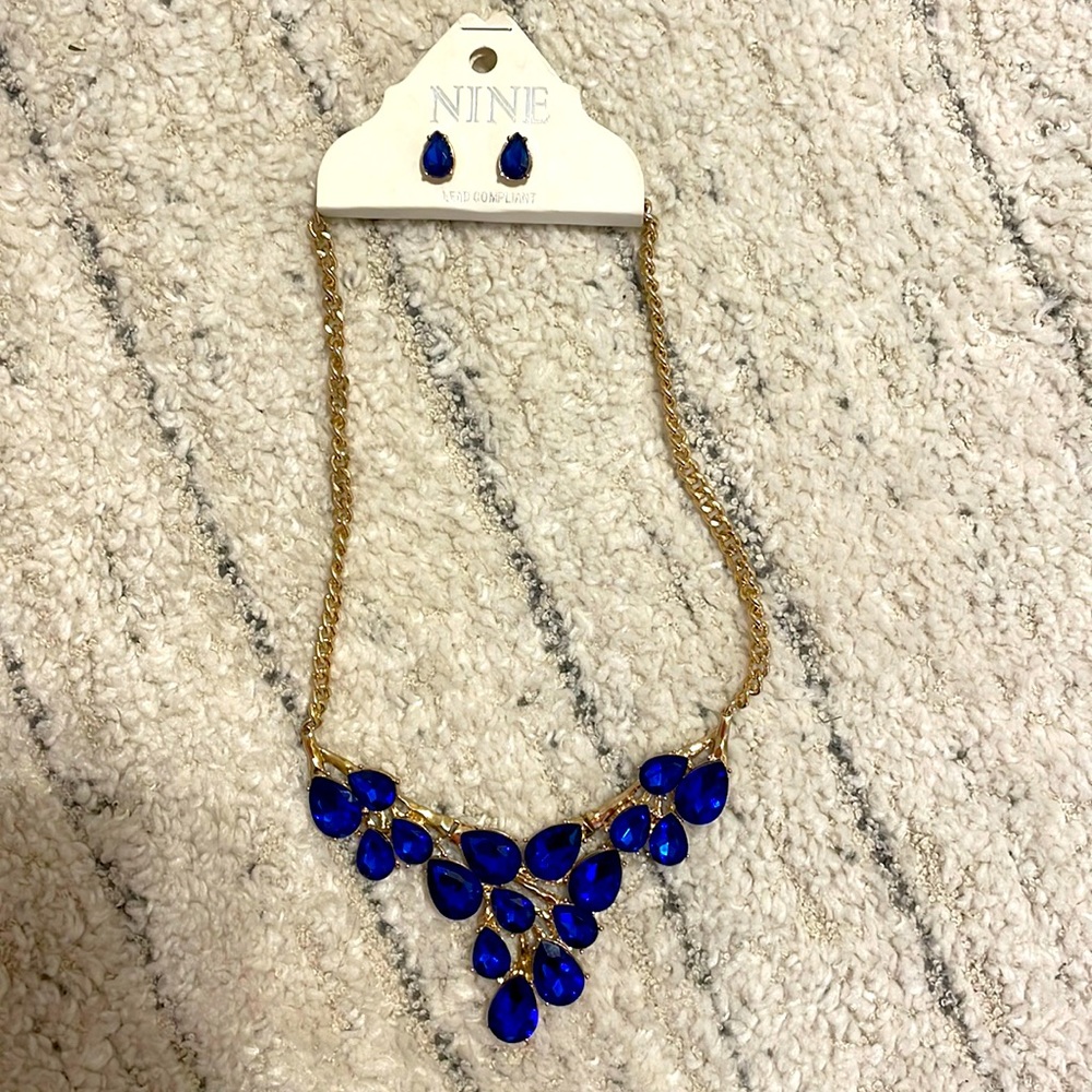 NWT Blue Gemstone Statement Necklace & Earrings Set